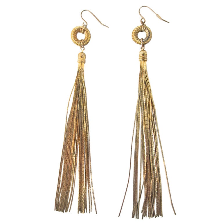 Fine Gold Fringe Shoulder Duster Pierced Earrings-Runaway  4.5"-Swinging Fun! For Sale