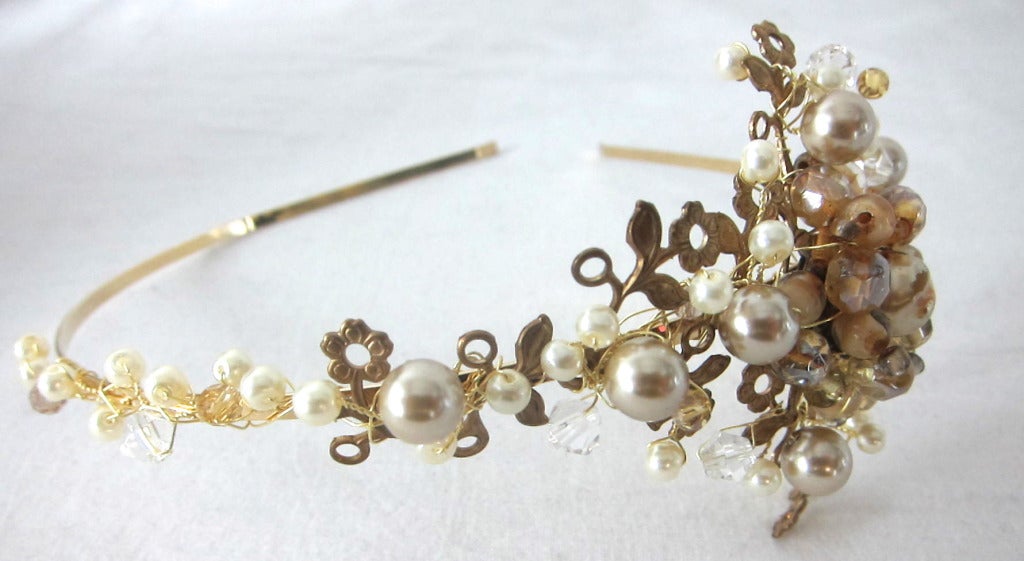 Women's Baroque Gold Pearls & Clear Beads Hand Wired Bridal Headband For Sale