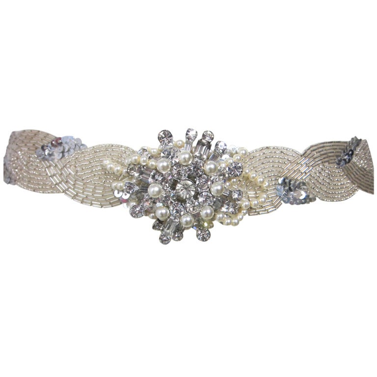Silver Beaded Rhinestones & Pearls Wedding Bridal Sash Belt For Sale