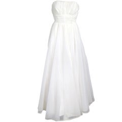 1950s  Strapless Shelf Bust Ruch Waist Flowing Chiffon Debutante Wedding Dress