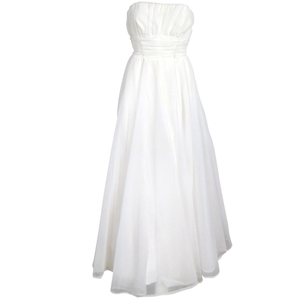 1950s  Strapless Shelf Bust Ruch Waist Flowing Chiffon Debutante Wedding Dress For Sale