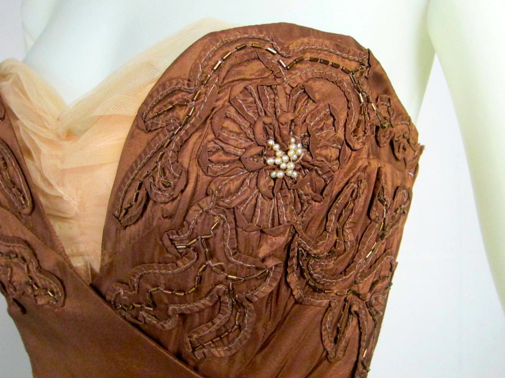 Women's 1940s 50s RARE Strapless Copper Soutache Beaded Pearls Side Sash Marilyn Cocktail Dress! For Sale