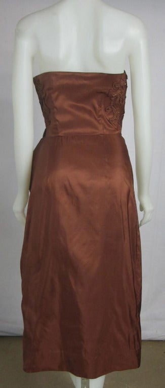 1940s 50s RARE Strapless Copper Soutache Beaded Pearls Side Sash Marilyn Cocktail Dress! For Sale 1