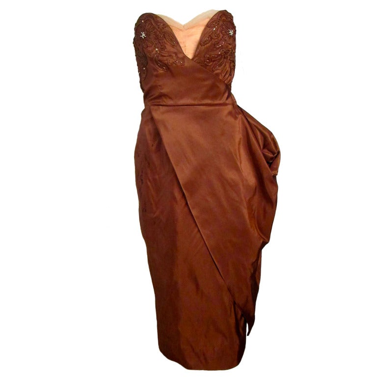 1940s 50s RARE Strapless Copper Soutache Beaded Pearls Side Sash Marilyn Cocktail Dress! For Sale