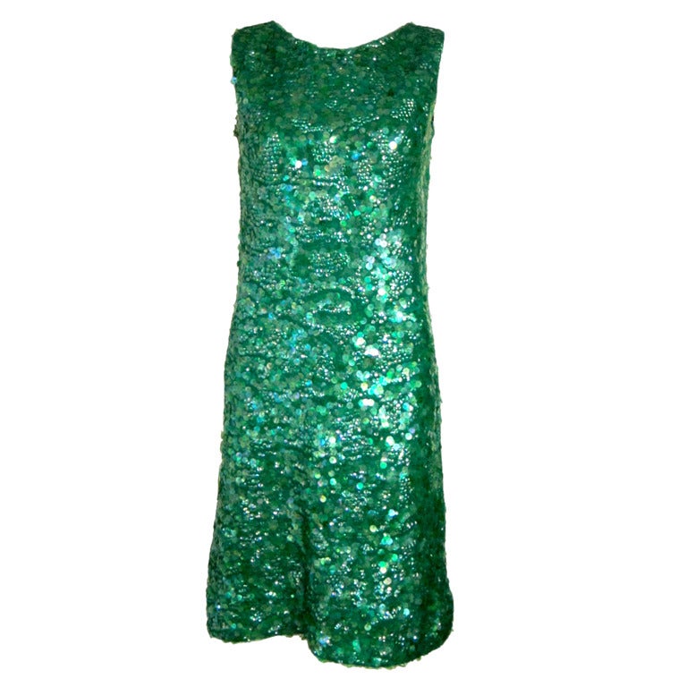1960s  Shamrock Green Paillette Sequin Shine  Wiggle Party Dress!  Get Lucky! For Sale