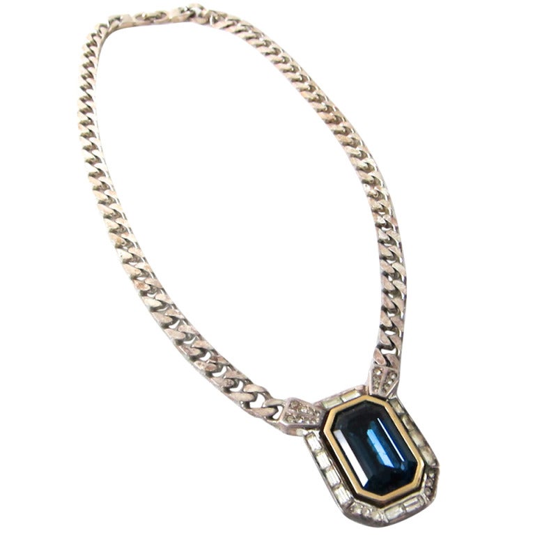 Chirstian Dior Sporty Dressy Chunky  Blue Emerald Cut 
Diamond CZ Silver Thick Plated Chain Necklace For Sale