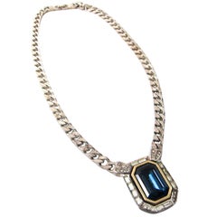 Chirstian Dior Sporty Dressy Chunky  Blue Emerald Cut & Diamond CZ Silver Thick Plated Chain Necklace