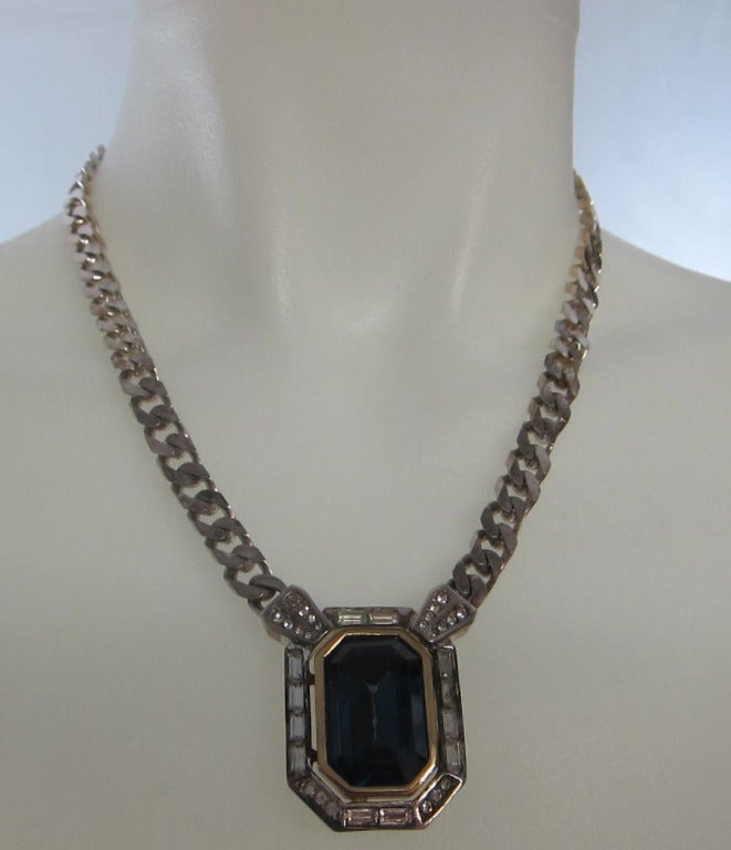 Chirstian Dior Sporty Dressy Chunky  Blue Emerald Cut & Diamond CZ Silver Thick Plated Chain Necklace