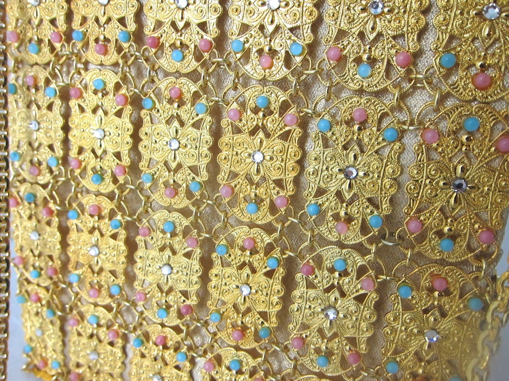 Women's 1960s Gold Metal Filigree Panels Corall Turquoise Beads & Rhinestone Hinged Evening Handbag For Sale