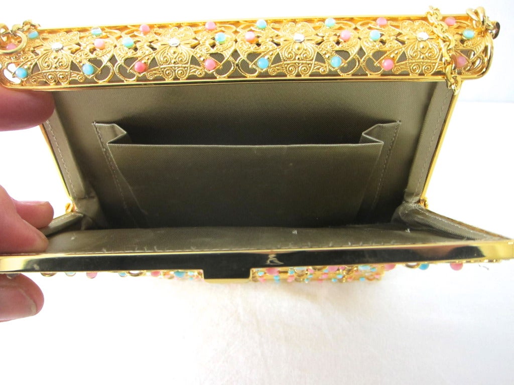 1960s Gold Metal Filigree Panels Corall Turquoise Beads & Rhinestone Hinged Evening Handbag For Sale 1