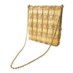 1960s Gold Metal Filigree Panels Corall Turquoise Beads & Rhinestone Hinged Evening Handbag