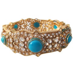 Gold Filigree Metal Turquoise Cabochon Seed Pearls Rhinestone Screw Pin Hinged  Cuff Bracelt
