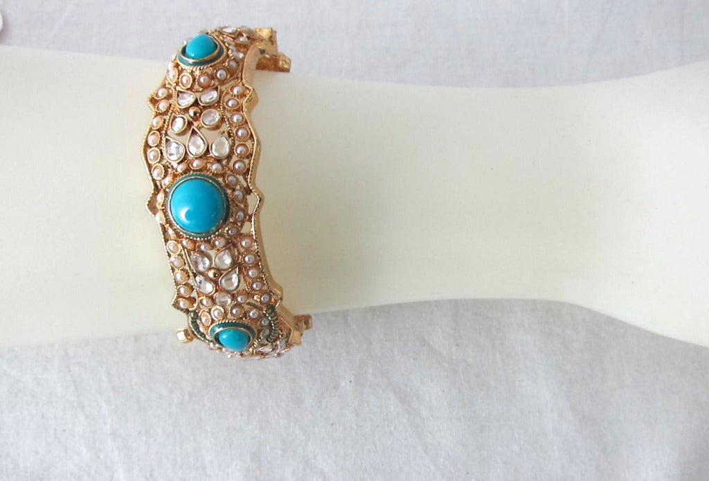 Women's Gold Filigree Metal Turquoise Cabochon Seed Pearls Rhinestone Screw Pin Hinged  Cuff Bracelt For Sale