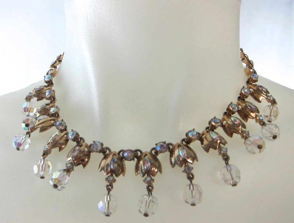 1950s Lilly of the Valley Crystal Dangle & Aurora Borealis Gold Collar Necklace