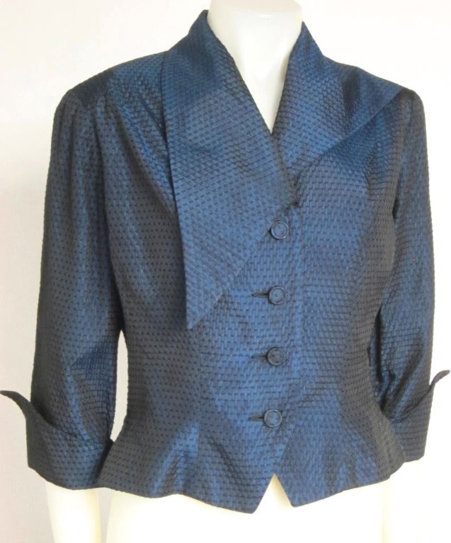 1940s Midnight Blue Taffeta Dramatic Asymmetrical Collar Blazer Jacket ...