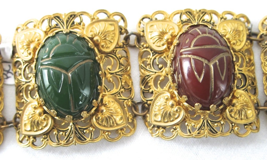 1940s Fancy Gold  Filigree Chunky Multi-Color Carved Glass Scarabs Bracelet