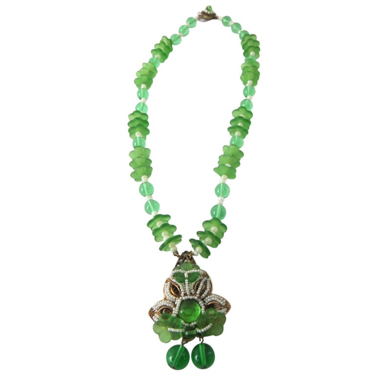 Miriam  Haskell Early Design Green Poured Glass Seed Pearls Long Necklace For Sale
