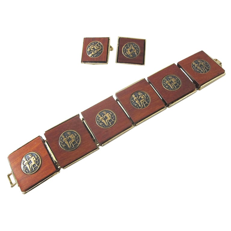 Mid Century Contemporary Square Wood Egyptian Motif Bracelet & Earrings Set For Sale