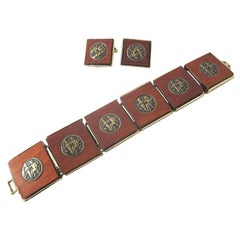 Mid Century Contemporary Square Wood Egyptian Motif Bracelet & Earrings Set