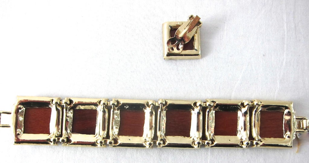Women's Mid Century Contemporary Square Wood Egyptian Motif Bracelet & Earrings Set For Sale