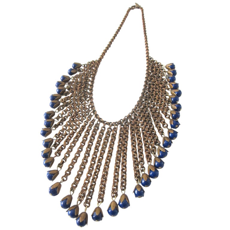 1940s Rare Miriam Haskell  Blue Bell Fringe Festoon Bib Book Chain Necklace For Sale