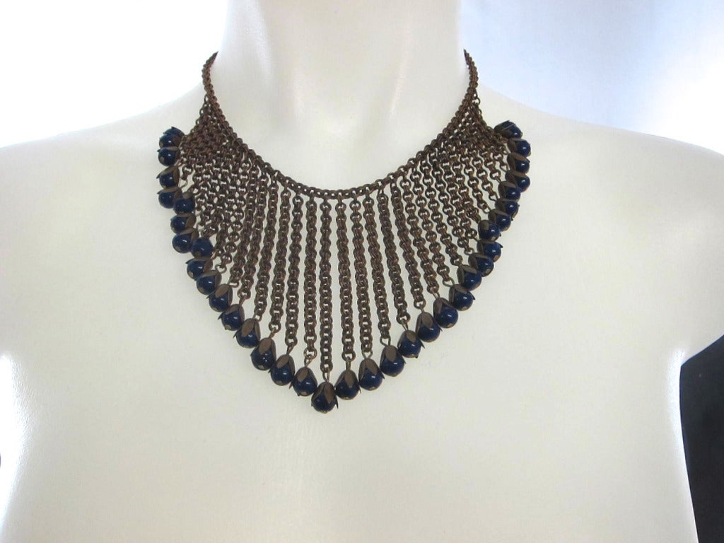 RARE! Very early Miriam Haskell  glass Blue Bell  Fringe Festoon Bib Book Chain necklace.  Signed

End to End 16