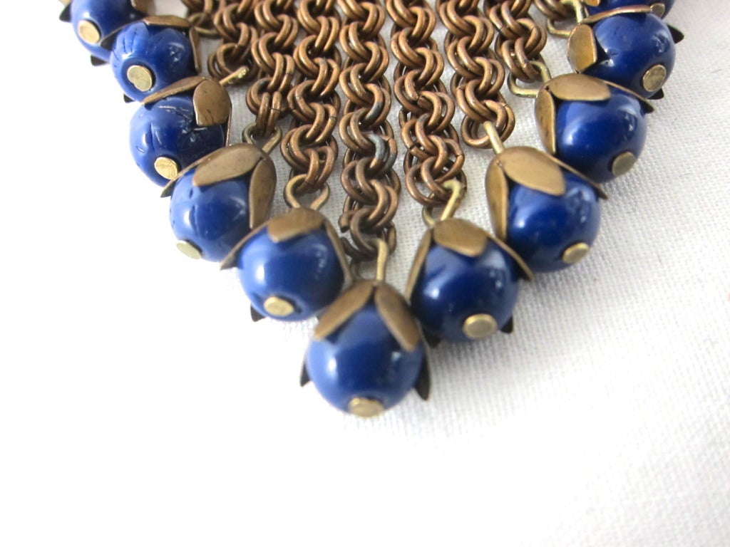 1940s Rare Miriam Haskell  Blue Bell Fringe Festoon Bib Book Chain Necklace In Excellent Condition For Sale In San Francisco, CA