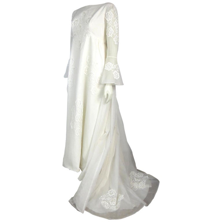 Vintage Late 1960s Organza & Lace  Empire Bell Sleeves Train Wedding Dress For Sale
