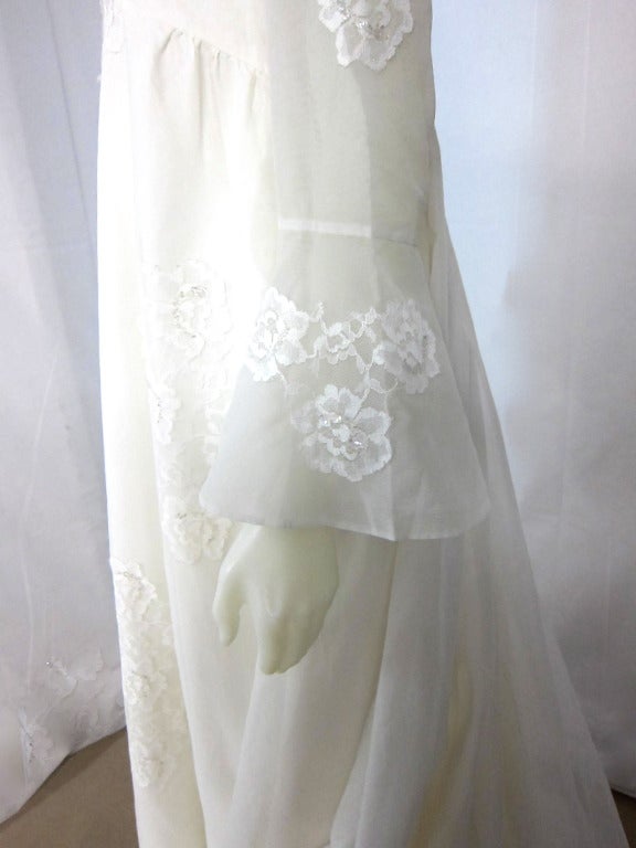 Women's Vintage Late 1960s Organza & Lace  Empire Bell Sleeves Train Wedding Dress For Sale
