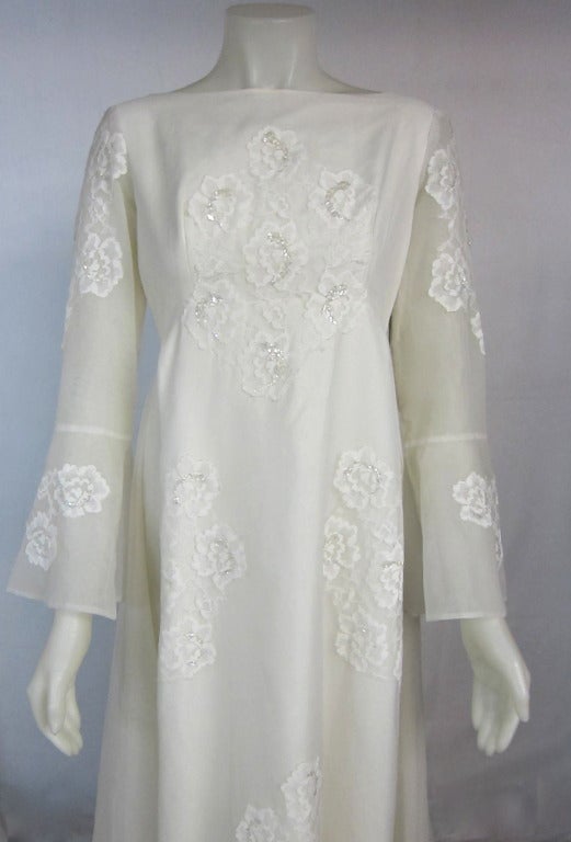 Vintage Late 1960s Organza & Lace  Empire Bell Sleeves Train Wedding Dress For Sale 1