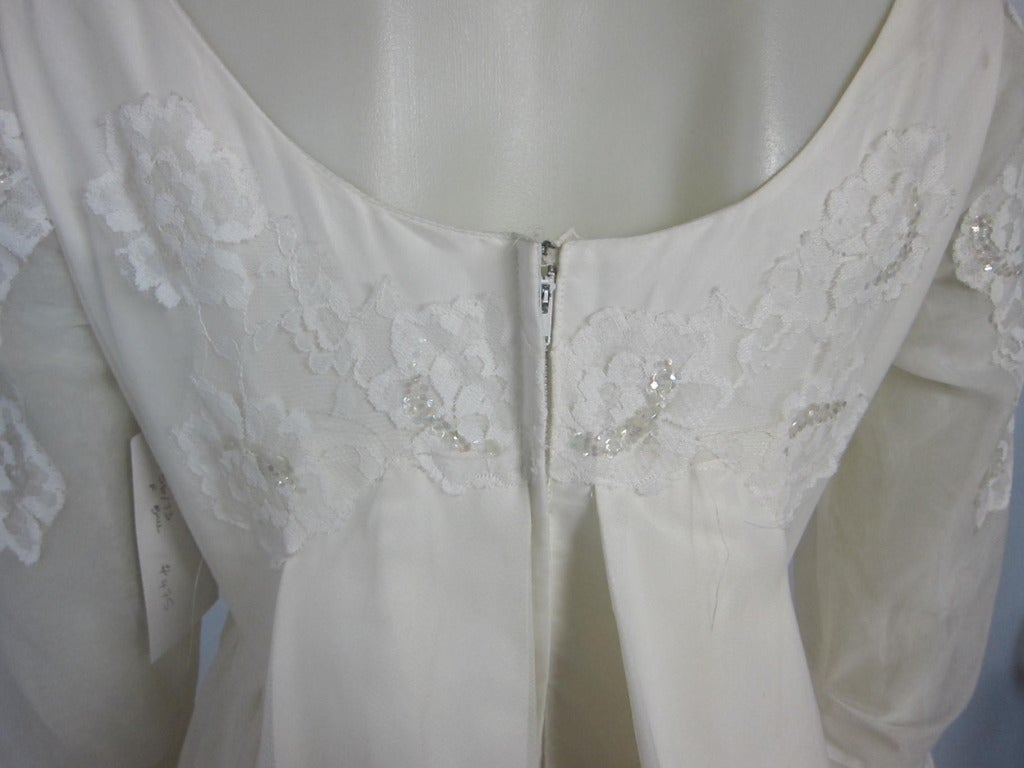 Vintage Late 1960s Organza & Lace  Empire Bell Sleeves Train Wedding Dress For Sale 2