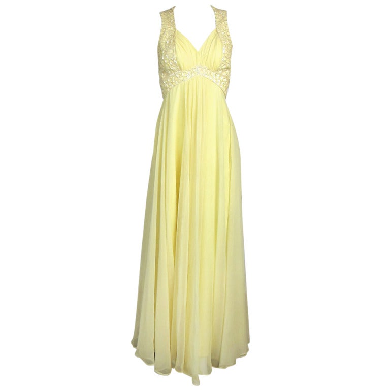 1970s Yellow & Iridescent Sequins Front Back Flowing Chiffon Maxi Dress For Sale
