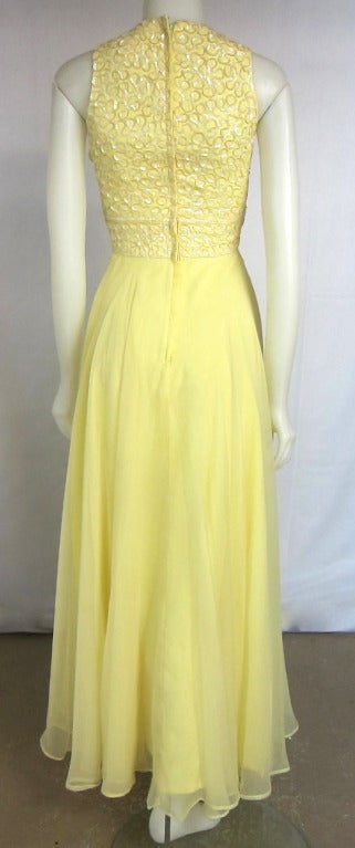 1970s Yellow & Iridescent Sequins Front Back Flowing Chiffon Maxi Dress In Excellent Condition For Sale In San Francisco, CA