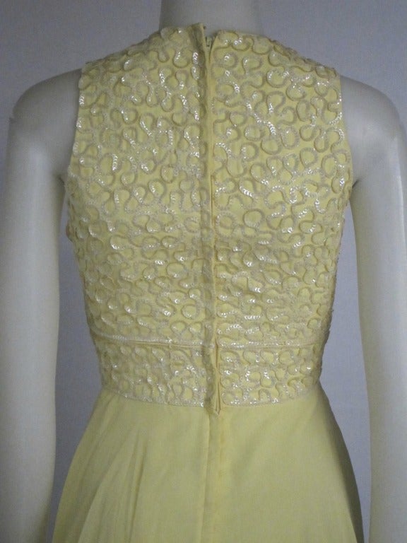 Women's 1970s Yellow & Iridescent Sequins Front Back Flowing Chiffon Maxi Dress For Sale