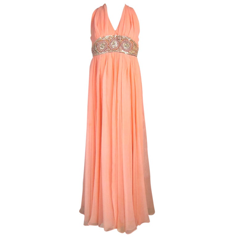 1970s Flowing  Pink Chiffon Heavily Beaded Empire Waist Maxi Dress For Sale