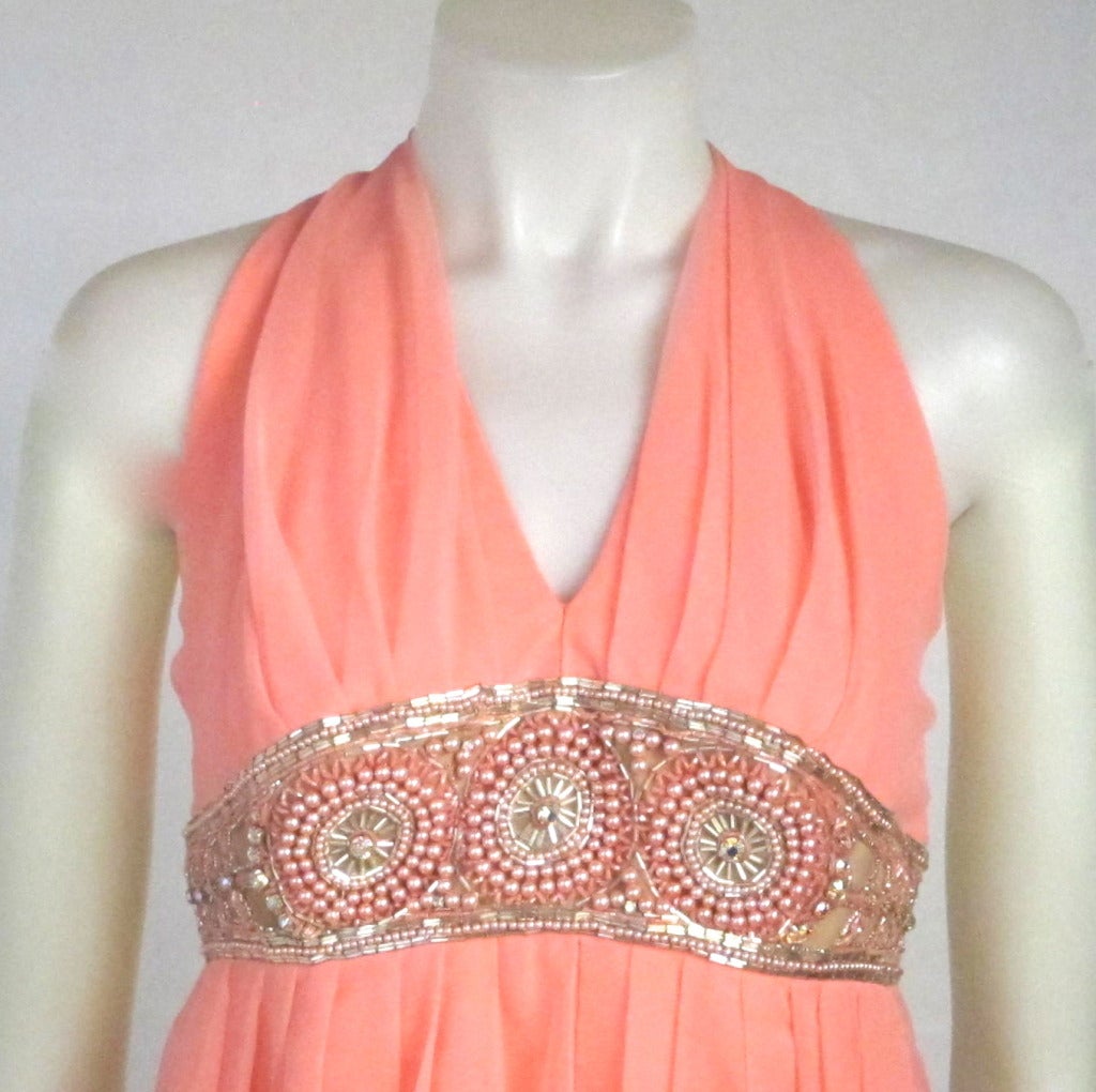 1970s Flowing  Pink Chiffon Heavily Beaded Empire Waist Maxi Dress In Excellent Condition For Sale In San Francisco, CA