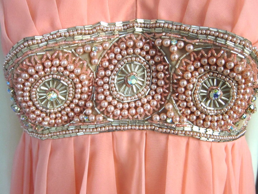 Women's 1970s Flowing  Pink Chiffon Heavily Beaded Empire Waist Maxi Dress For Sale