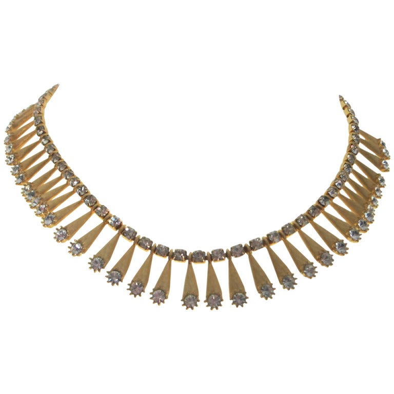 1950s Gold Tone Metal & Prong Set Rhinestone Necklace For Sale