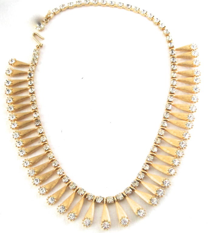 1950s Gold Tone Metal & Prong Set Rhinestone Necklace