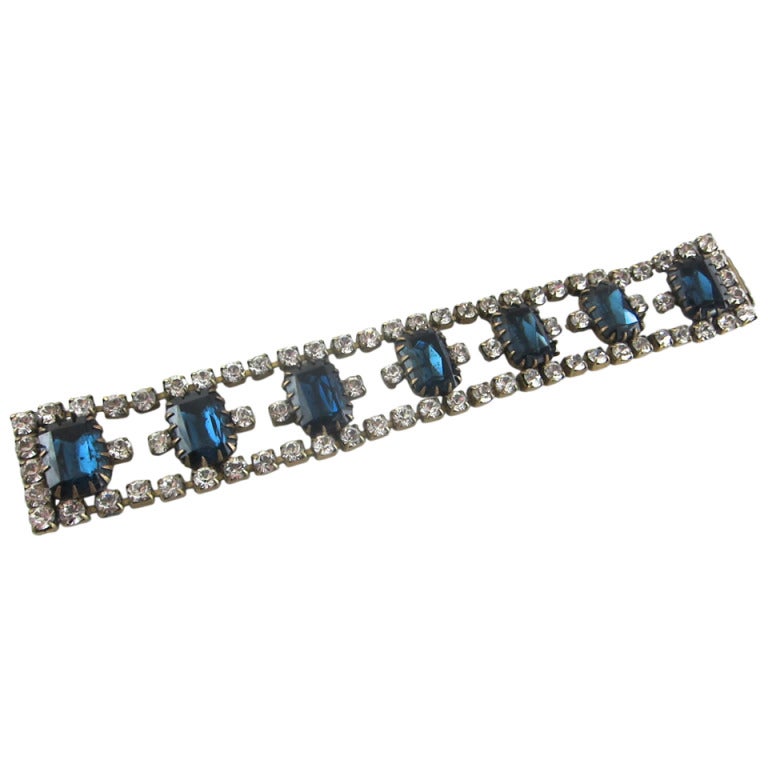 1940s 50s Czech Sapphire Blue Glass Stones  & Rhinestone Bracelet For Sale