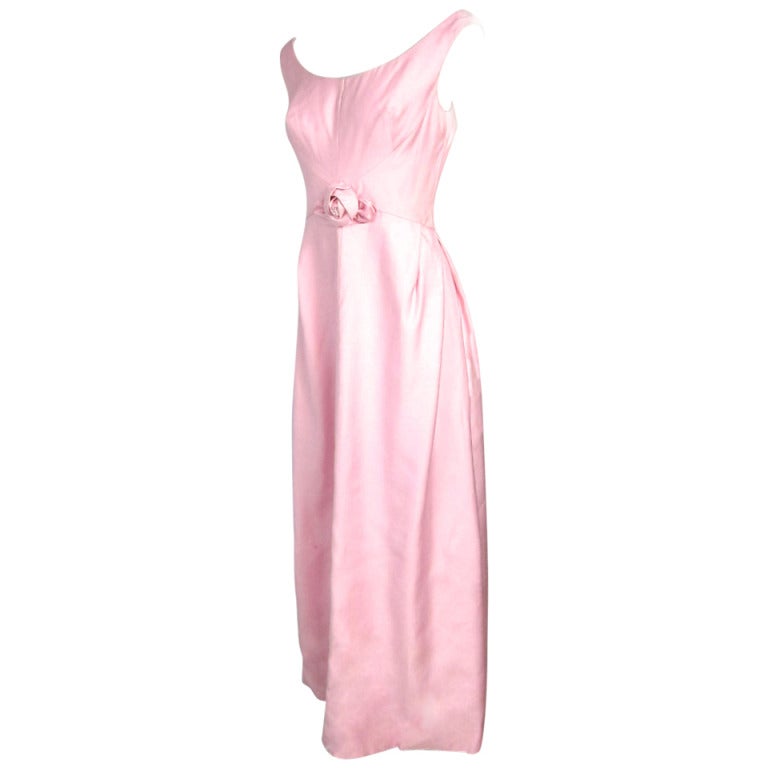 1960s  Trending Pink Linen Flattering Waist w Rose Long Dress For Sale