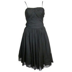 Vintage 1960s Black Chiffon Spaghetti Strap Ruche Bodice Full Skirt Cocktail Dress