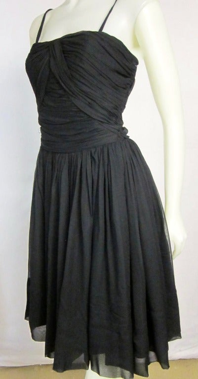 1960s Black Chiffon Spaghetti Strap Ruche Bodice Full Skirt Cocktail Dress