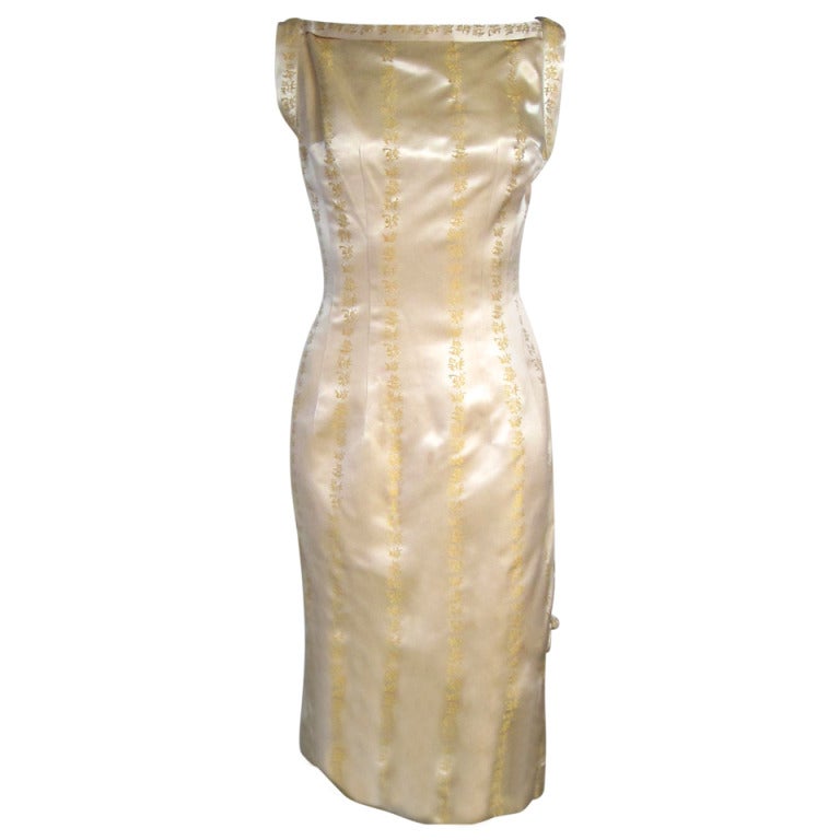 1950s 60s Mad Men Asian Motif  Golden Wiggle Satin Dress-V back Side Slit For Sale