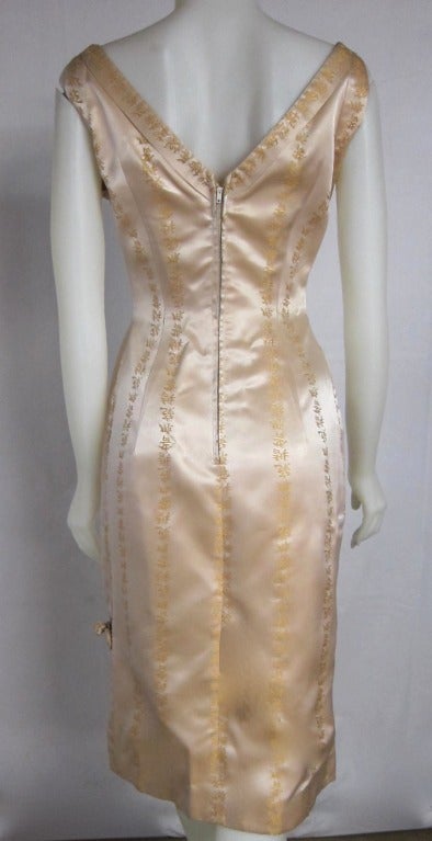 1950s 60s Mad Men Asian Motif  Golden Wiggle Satin Dress-V back Side Slit In Excellent Condition For Sale In San Francisco, CA