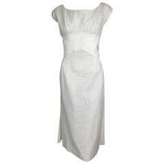 Vintage 1950s Emma Domb White Lace Back Train Column Garden Court House Wedding Dress- LG