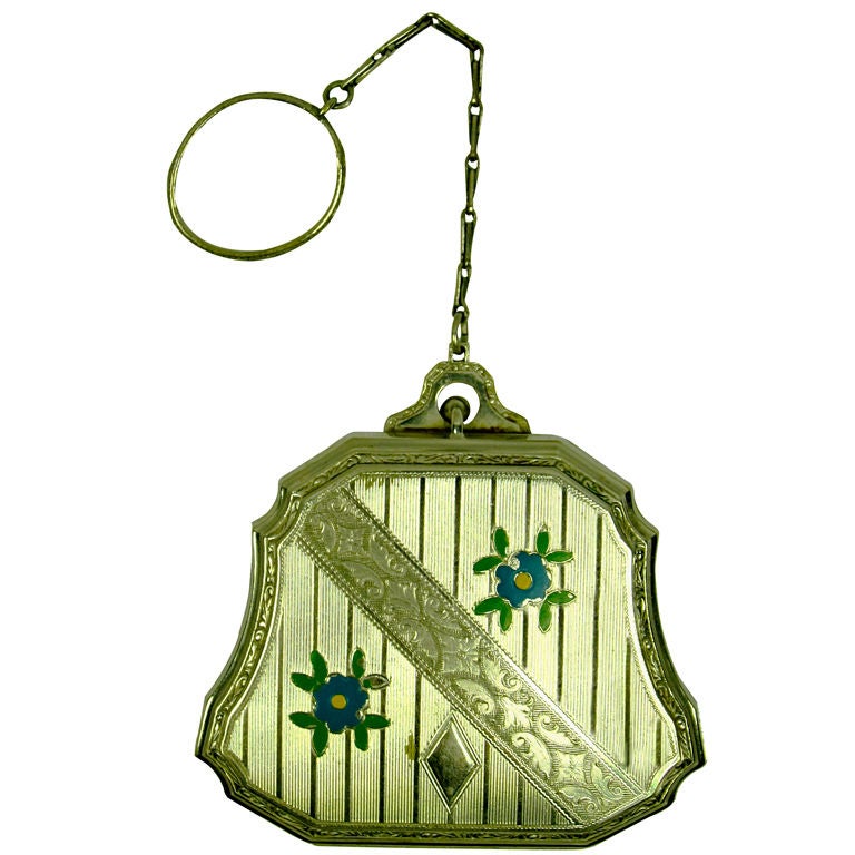 VINTAGE EVANS FLAPPER GIRL VANITY COMPACT WITH CHAIN/FINGER RING at 1stdibs