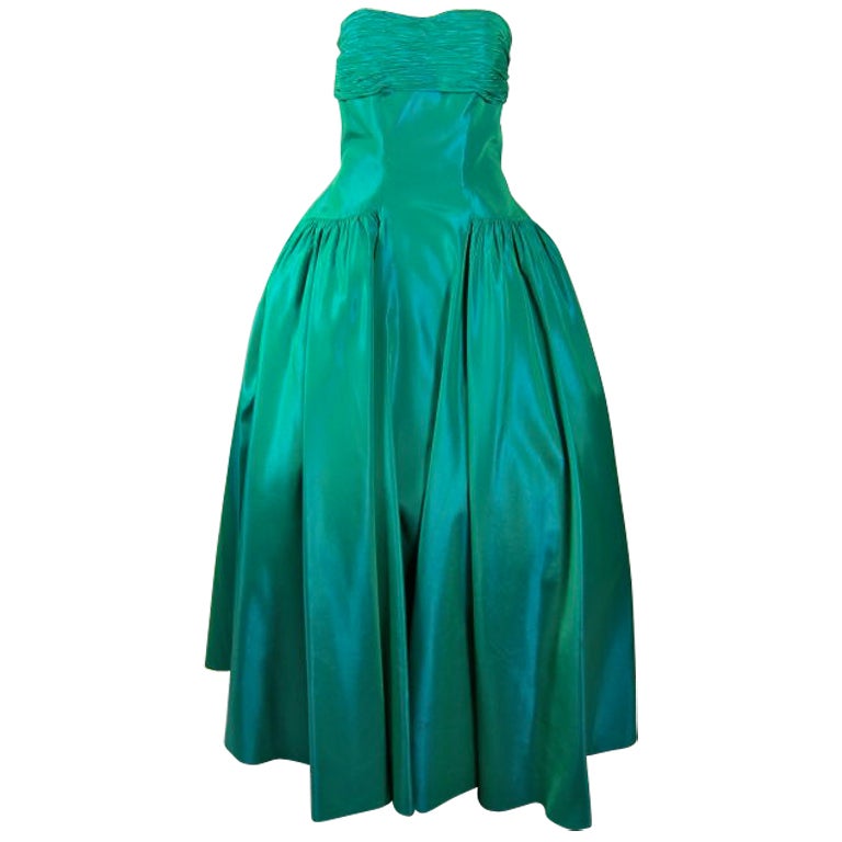 VINTAGE  BLUE GREEN IRiDESCENT & BOLERO STRAPLESS FORMAL DRESS For Sale