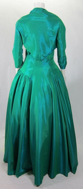 VINTAGE  BLUE GREEN IRiDESCENT & BOLERO STRAPLESS FORMAL DRESS For Sale 4