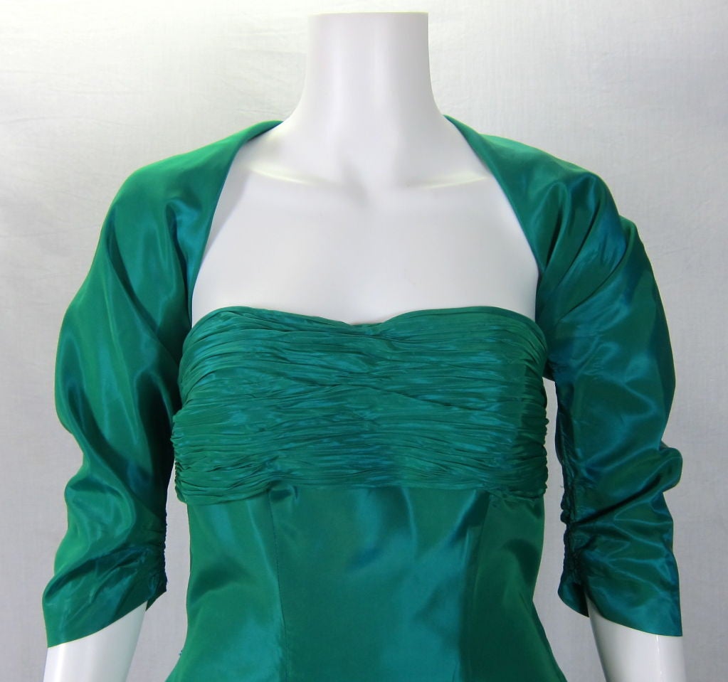 VINTAGE  BLUE GREEN IRiDESCENT & BOLERO STRAPLESS FORMAL DRESS For Sale 5